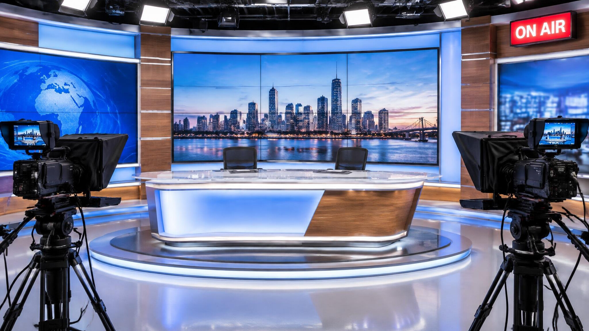 Live television studio with cameras, monitors and on-air light