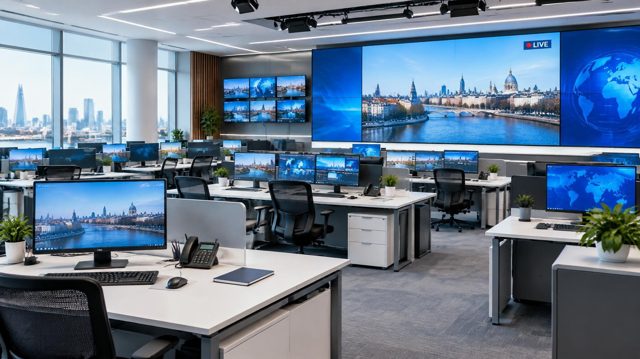 Bright modern newsroom with rows of desks and screens